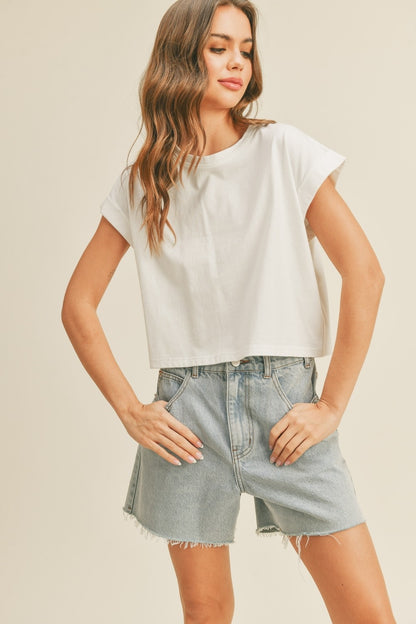 Off-white round neck cuff sleeve top with short sleeves and loose cropped fit