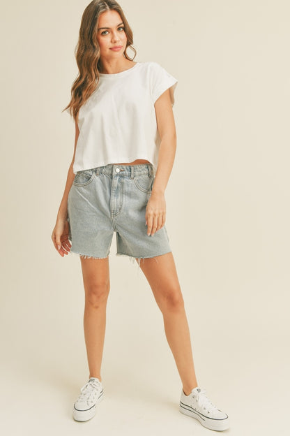 Off-white round neck cuff sleeve top with short sleeves and straight hem