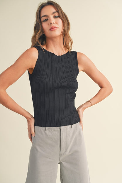 Black ribbed knit sleeveless top with high neckline and small keyhole detail