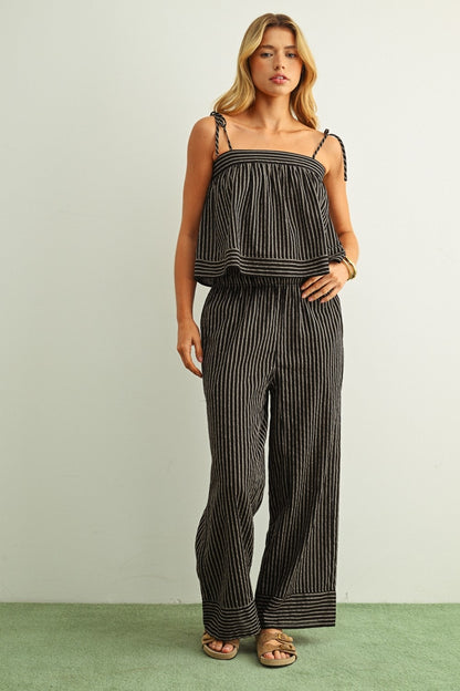 Dark striped print tank top with smocked bandeau and spaghetti straps, straight hem