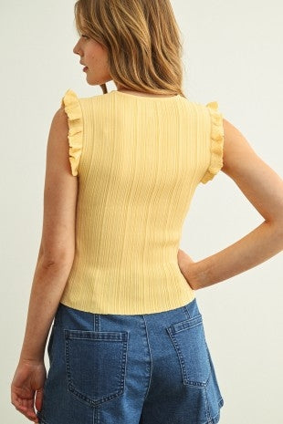 Ribbed knit top with ruffle sleeves, custard yellow, back view