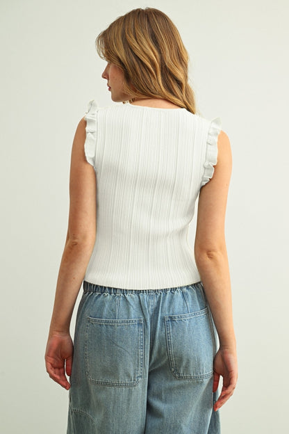 Ribbed knit top with ruffle sleeves, off-white, back view