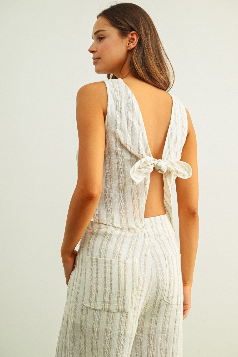 Linen jacquard twist-back top, sleeveless open back with tied bow, white/stone stripes