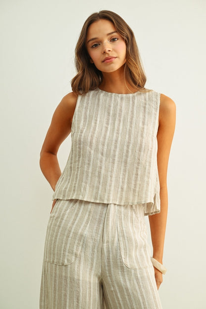 Linen jacquard twist-back top, sleeveless high neckline, striped white/stone