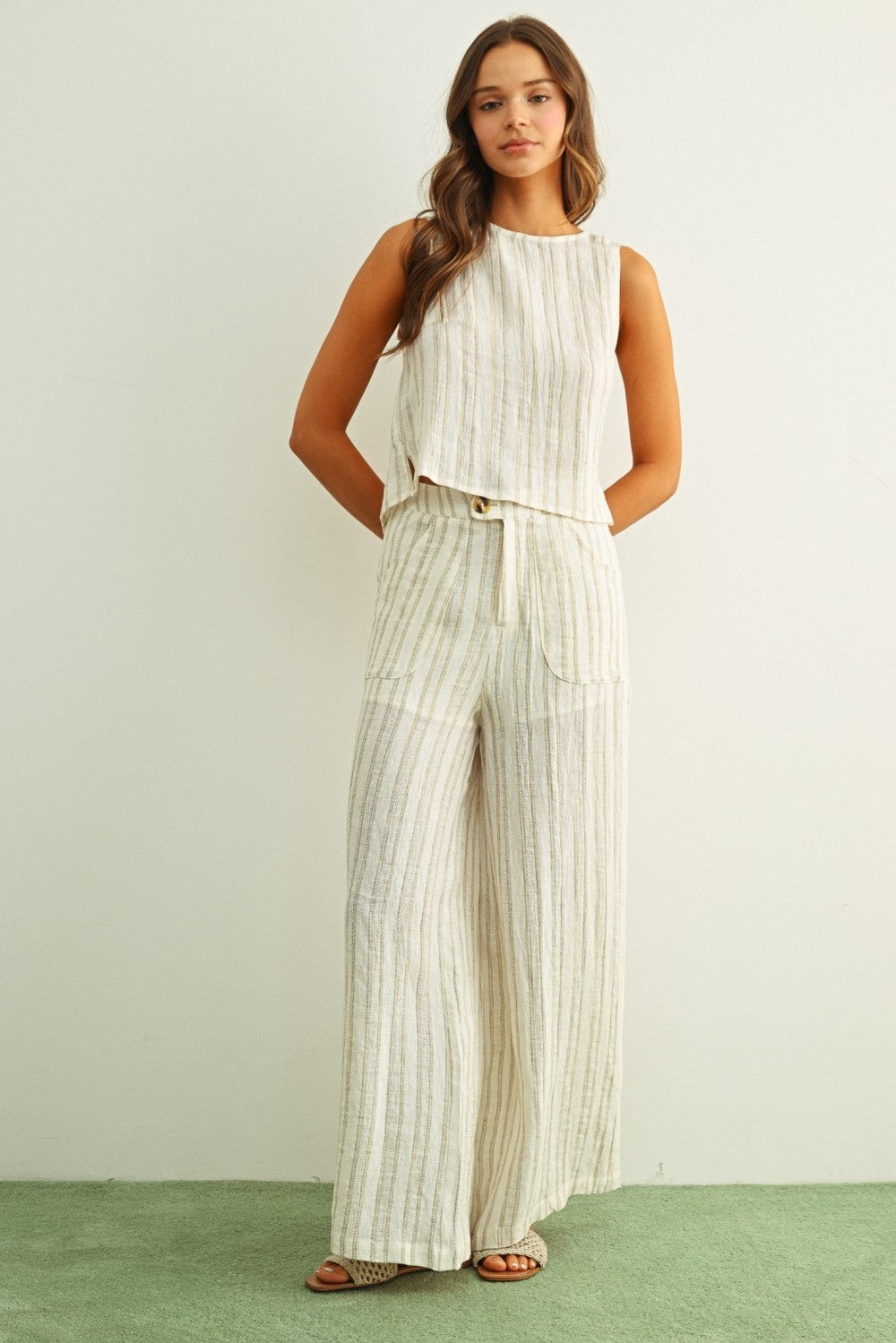 Linen jacquard twist-back top, sleeveless striped fabric with ruffled hem, white/stone