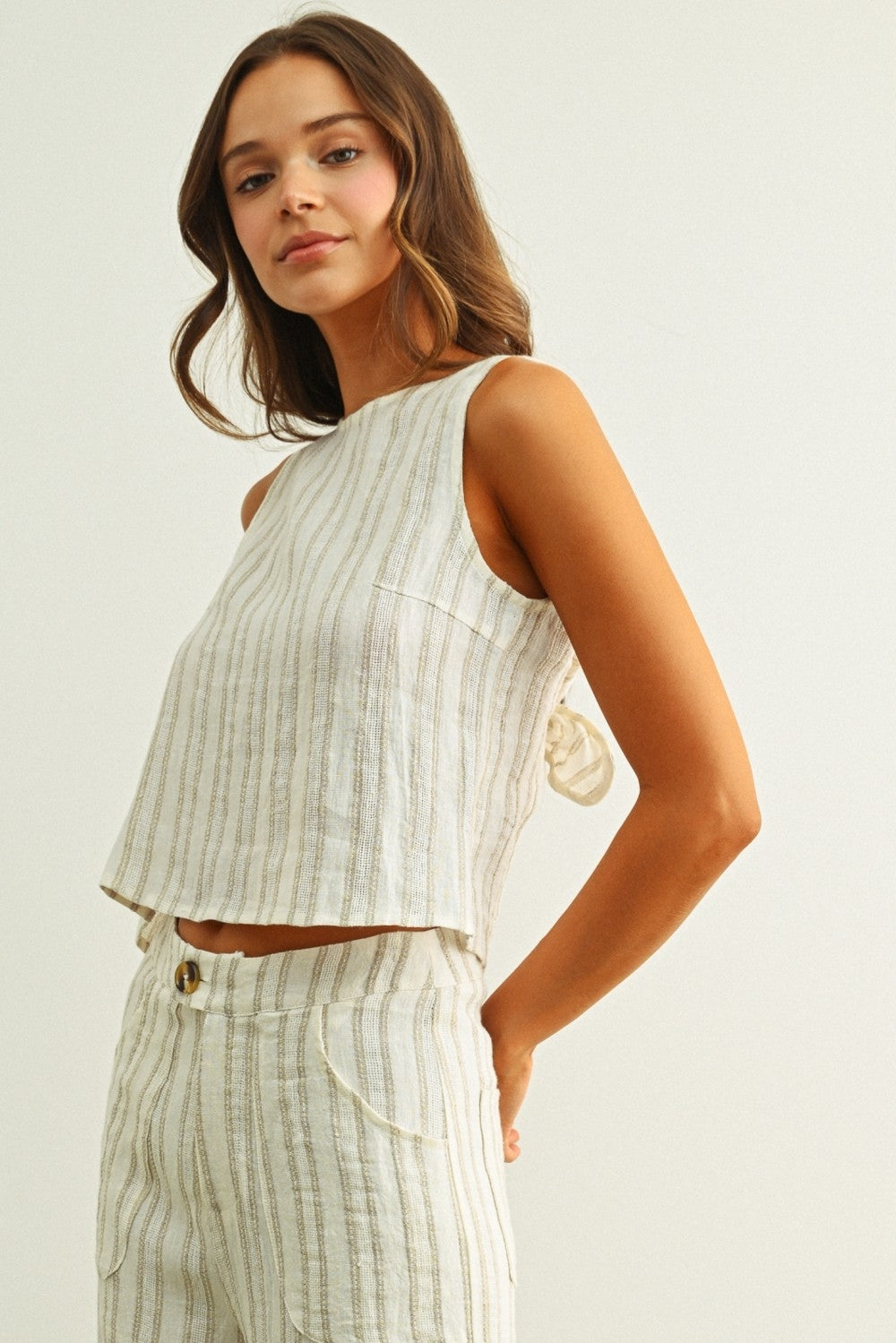 Linen jacquard twist-back top, sleeveless striped texture with straight hem, white/stone