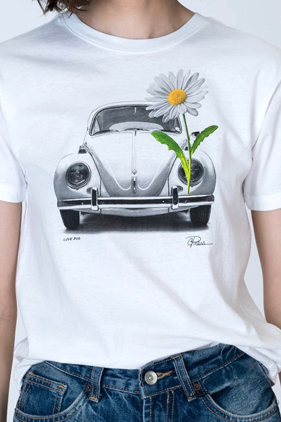 White graphic T-shirt with car illustration and daisy flower on front