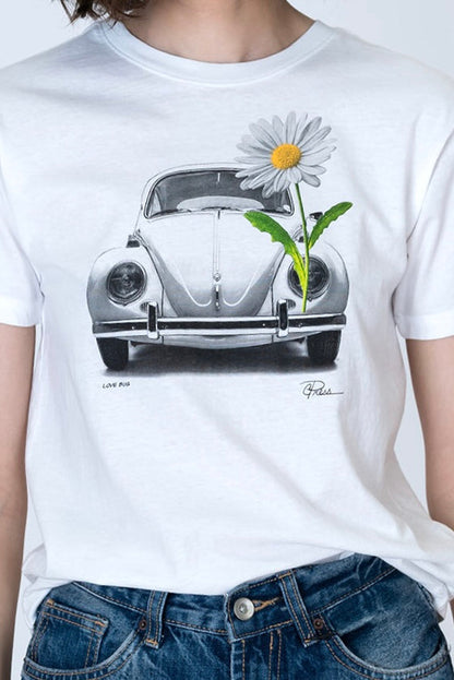 White graphic T-shirt with car illustration and daisy flower on front