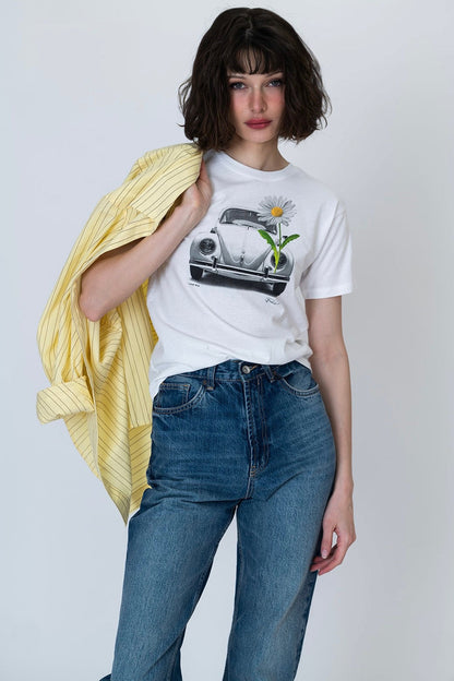 White graphic T-shirt with car-and-daisy front graphic