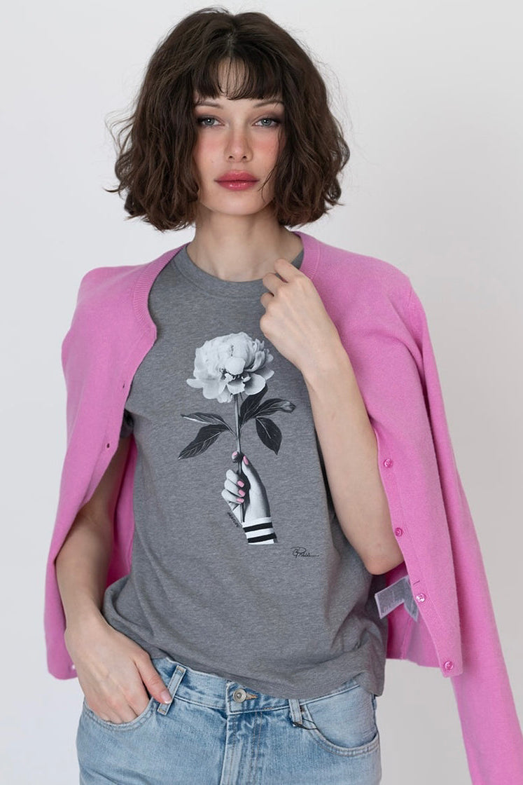 Grey heather T-shirt with large white flower and hand graphic at center