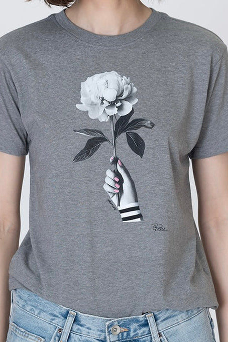 Grey heather T-shirt close-up: white flower and hand graphic on the chest
