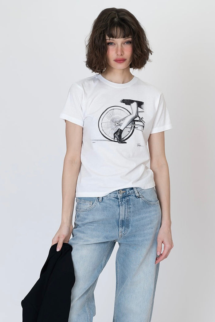 Worn white crew-neck t-shirt with cyclist bicycle wheel graphic on chest