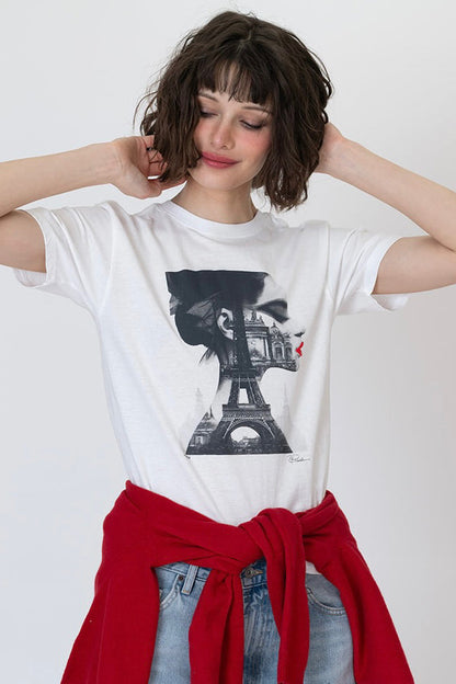 White crew-neck T-shirt with black Eiffel Tower graphic on front
