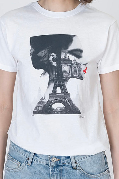 White crew-neck short-sleeve T-shirt with Eiffel Tower front graphic