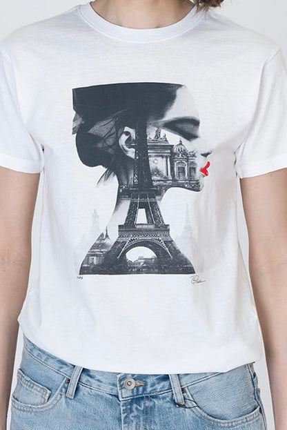 White crew-neck short-sleeve T-shirt with Eiffel Tower front graphic