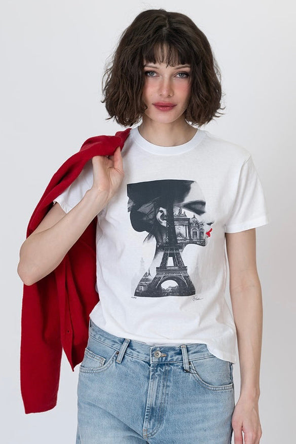 White short-sleeve T-shirt with Eiffel Tower silhouette front print
