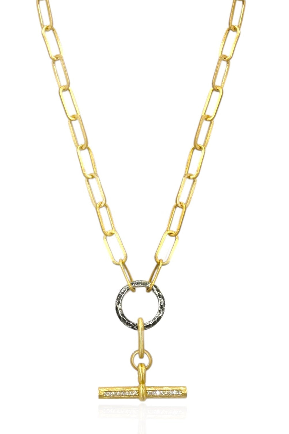 Gold toggle necklace with oval link chain, circular ring, and bar pendant