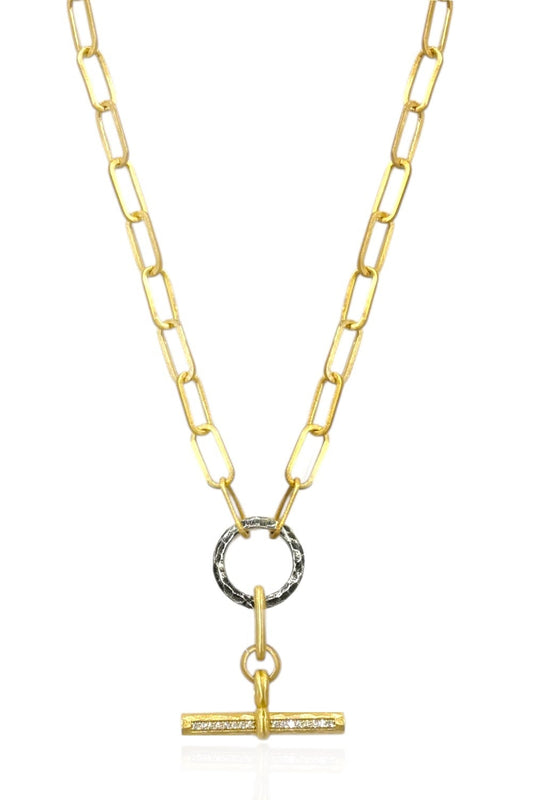 Gold toggle necklace with oval link chain, circular ring, and bar pendant