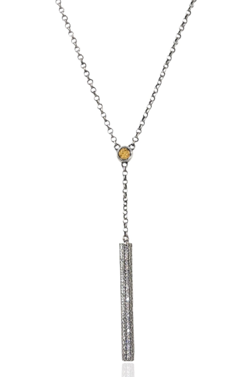 Hammered lariat necklace with round charm and long rectangular pendant, vintage silver/gold tone