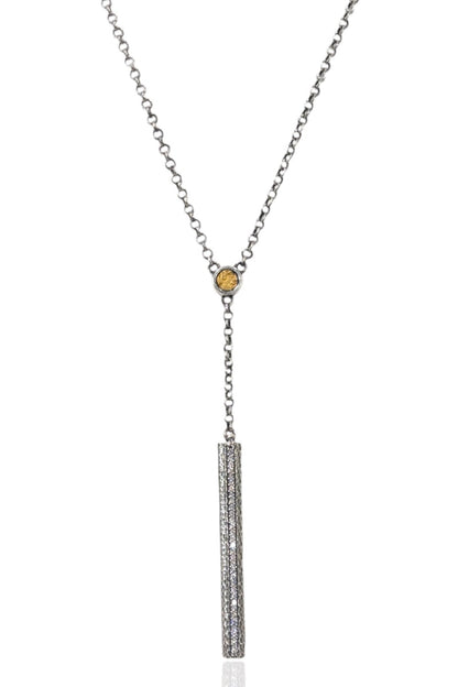Hammered lariat necklace with round charm and long rectangular pendant, vintage silver/gold tone