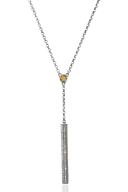 Hammered lariat necklace with round charm and long rectangular pendant, vintage silver/gold tone