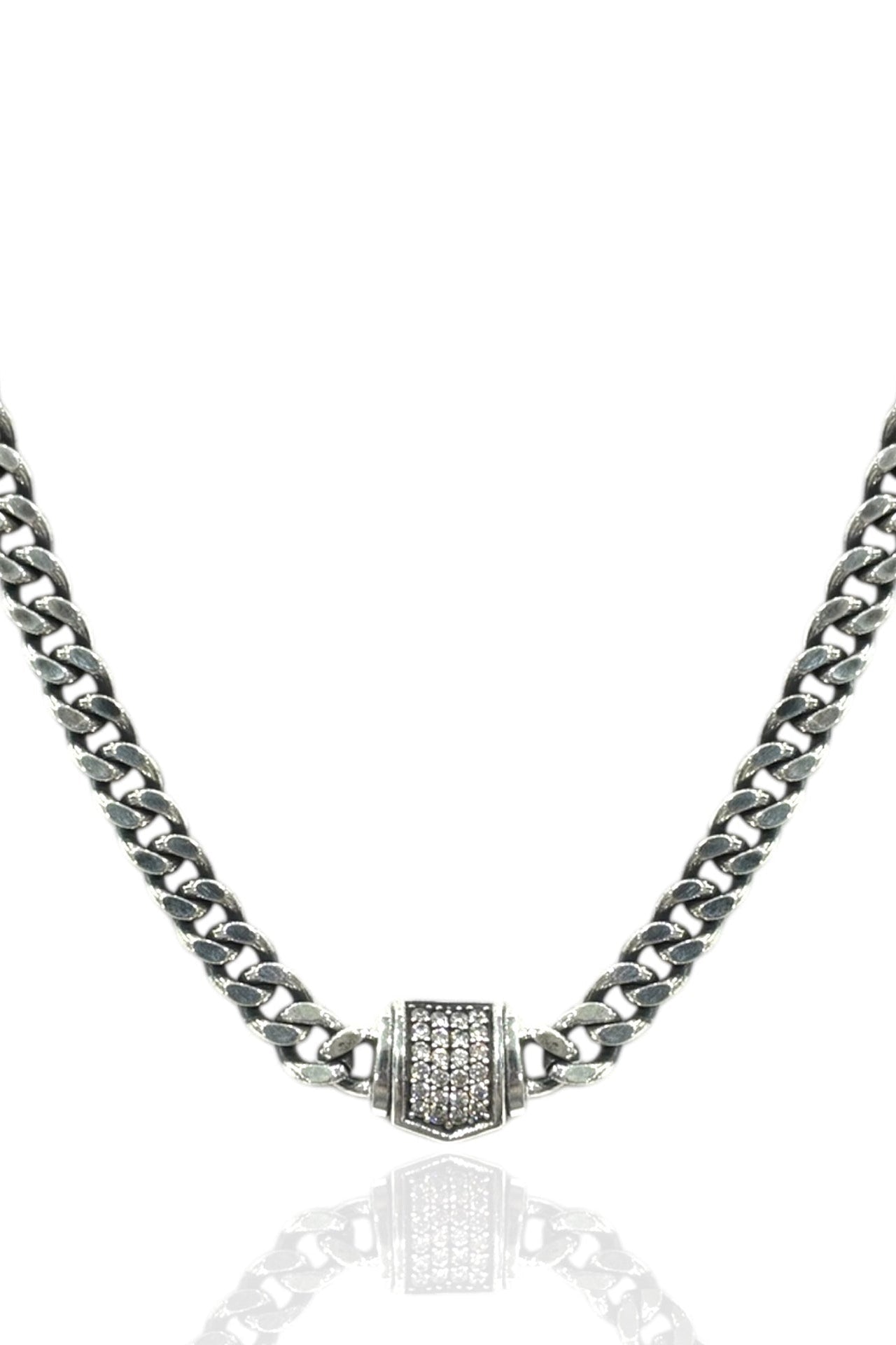 Vintage silver curb chain necklace with rectangular crystal centerpiece