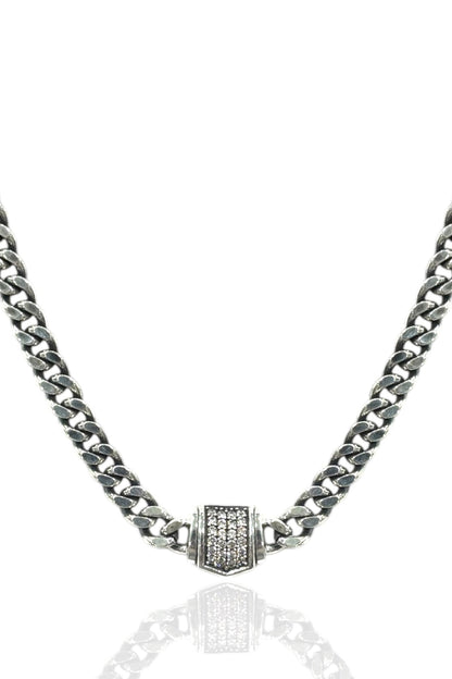 Vintage silver curb chain necklace with rectangular crystal centerpiece
