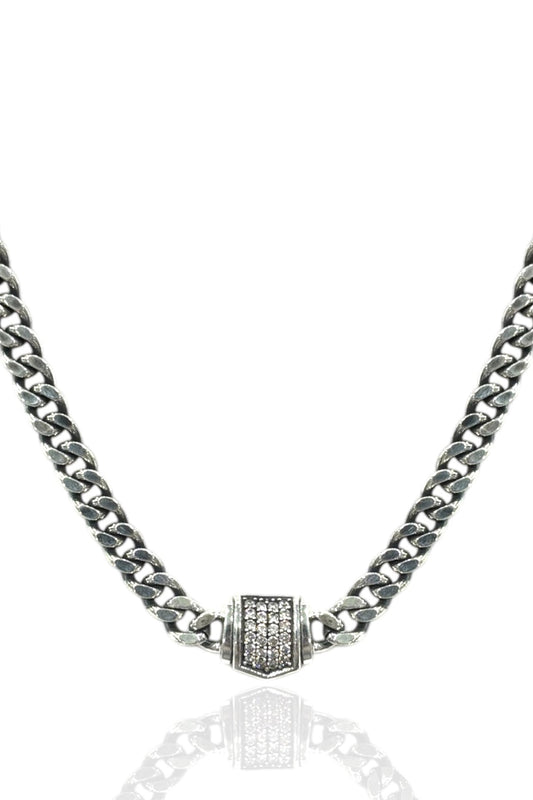 Vintage silver curb chain necklace with rectangular crystal centerpiece