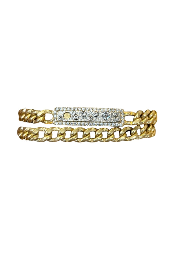 Double wrap ID bracelet with rectangular pavé ID plate on gold- and silver-tone chain