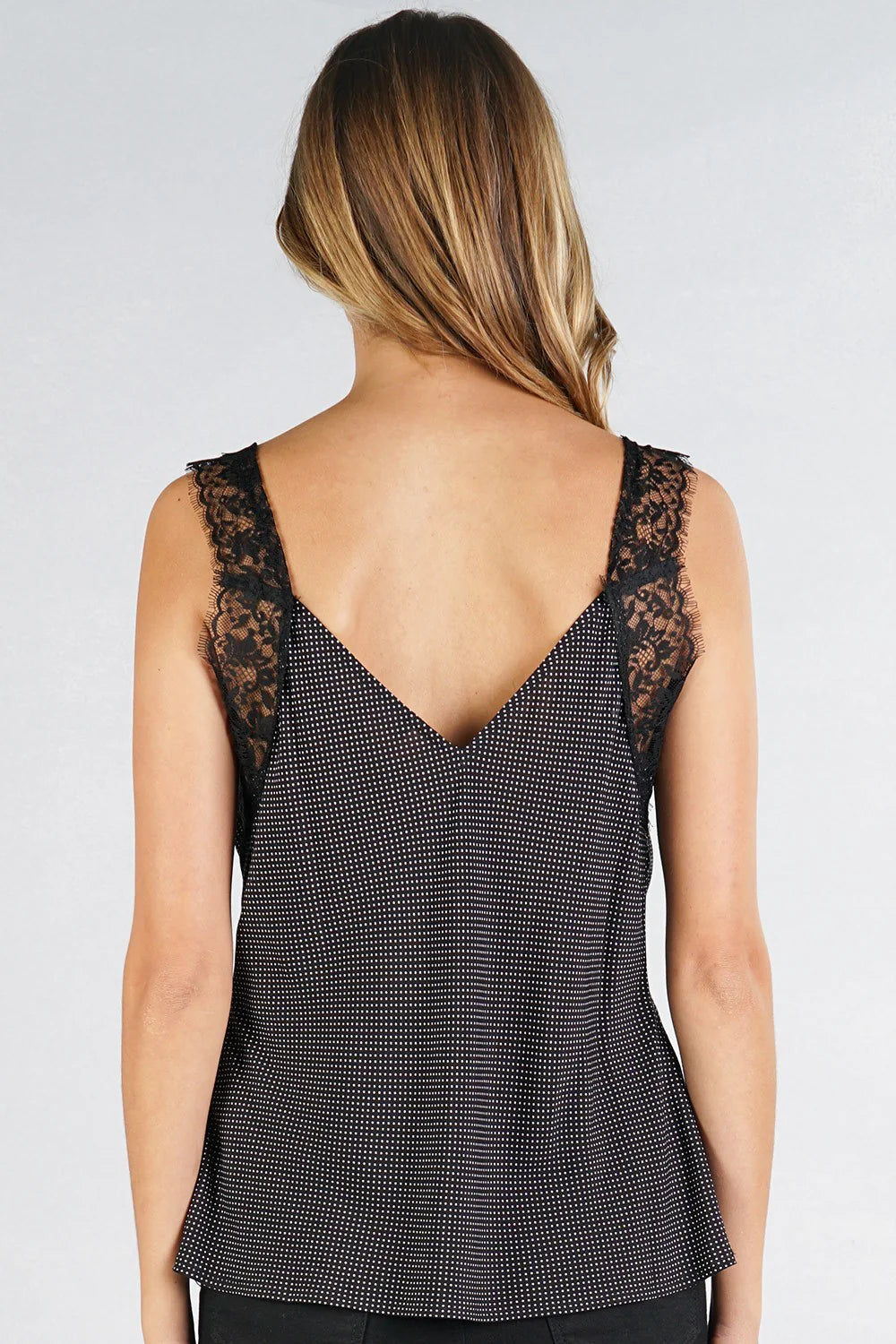 Mini dot cami with lace trim in black and white back view