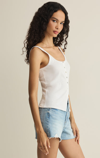 White scallop rib tank top with scoop neck and button-front details