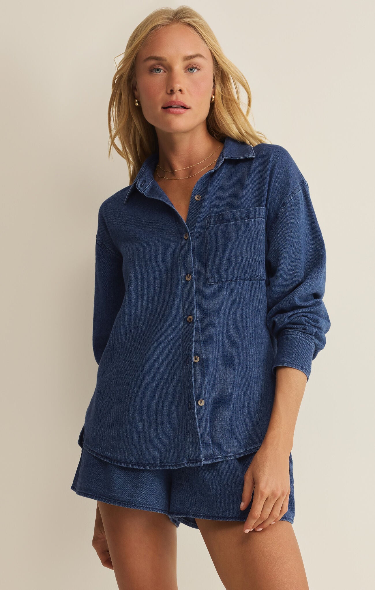 Blue twill button-up shirt with point collar, button front, chest pocket