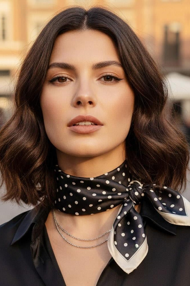 Black polka dot neck scarf, worn around neck with bow knot and white dots