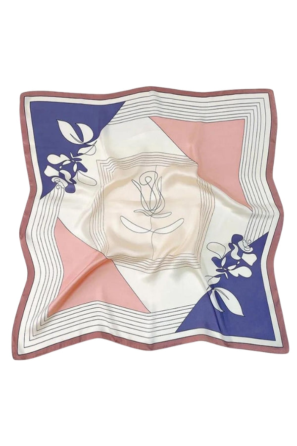 Silky oversized bandana with cream, blue, and pink floral abstract pattern