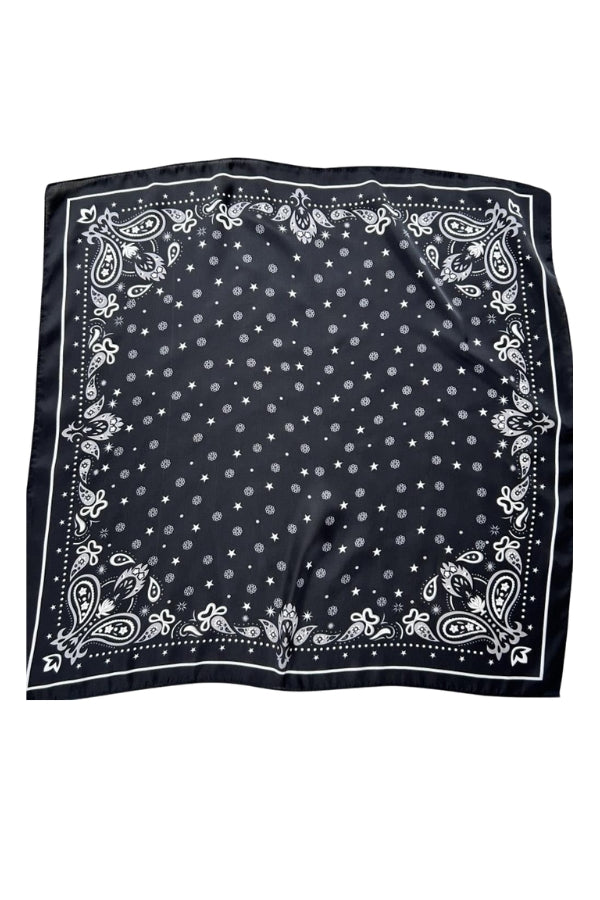 Silky paisley scarf in dark black with white border medallion and star motifs