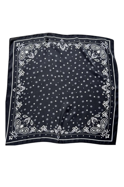 Silky paisley scarf in dark black with white border medallion and star motifs