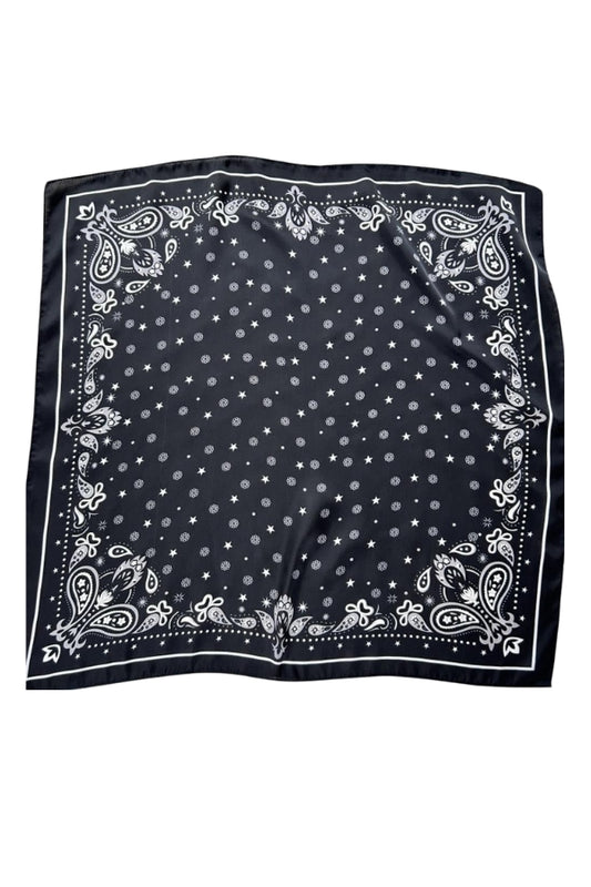 Silky paisley scarf in dark black with white border medallion and star motifs