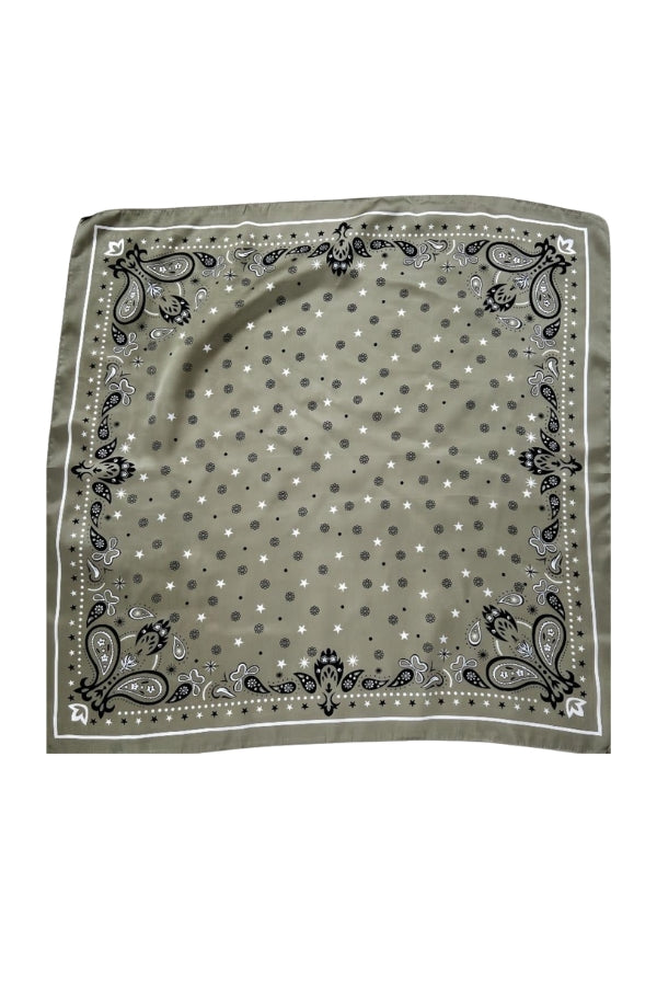 Silky paisley scarf in olive green with gray border and small star motifs
