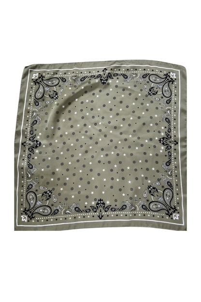 Silky paisley scarf in olive green with gray border and small star motifs