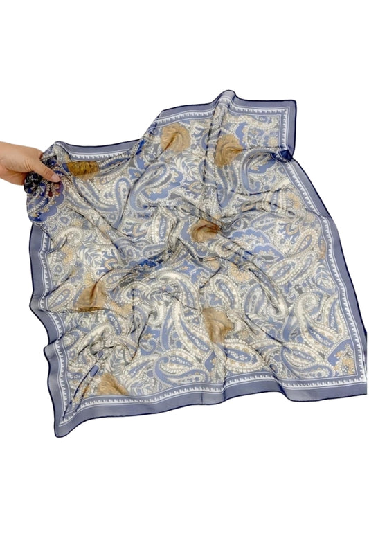 Navy boho bandana with gold and cream paisley pattern and wide border