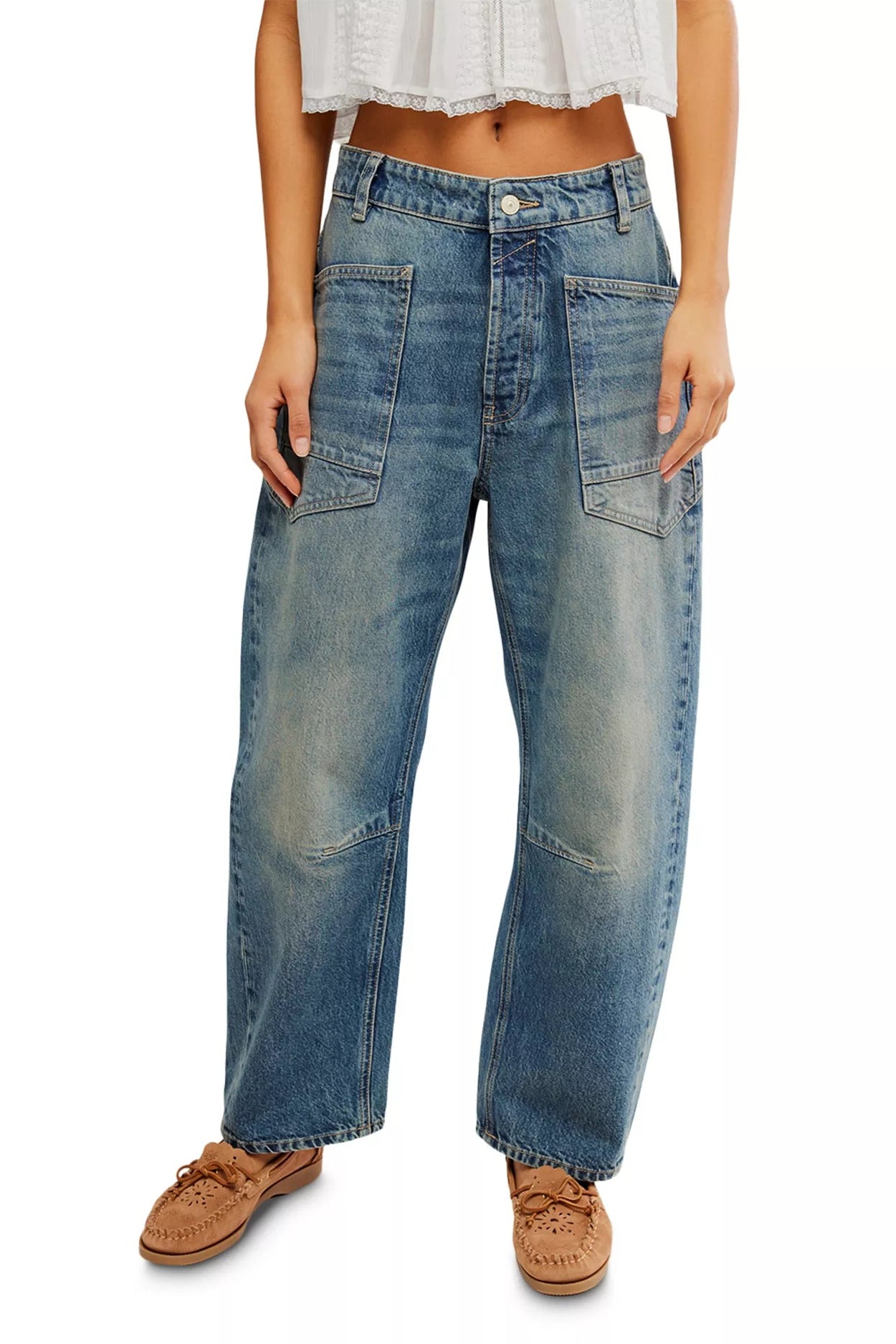 Light blue boyfriend jeans, button fly, patch pockets, wide straight legs