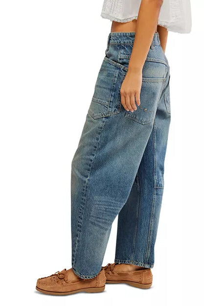Light blue boyfriend jeans with patch pockets and relaxed wide-leg fit
