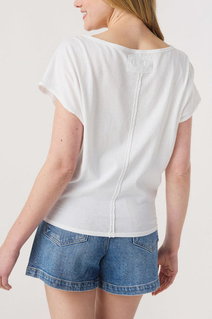 Person wearing a white top and blue shorts on a plain background