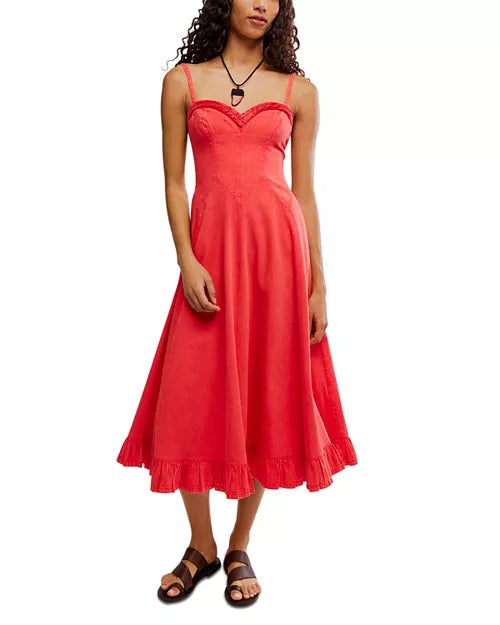 ANOTHER SEASON midi dress, red sweetheart neckline, thin straps, ruffled hem