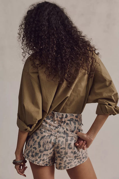 Leopard print denim shorts with belt loops and back seams