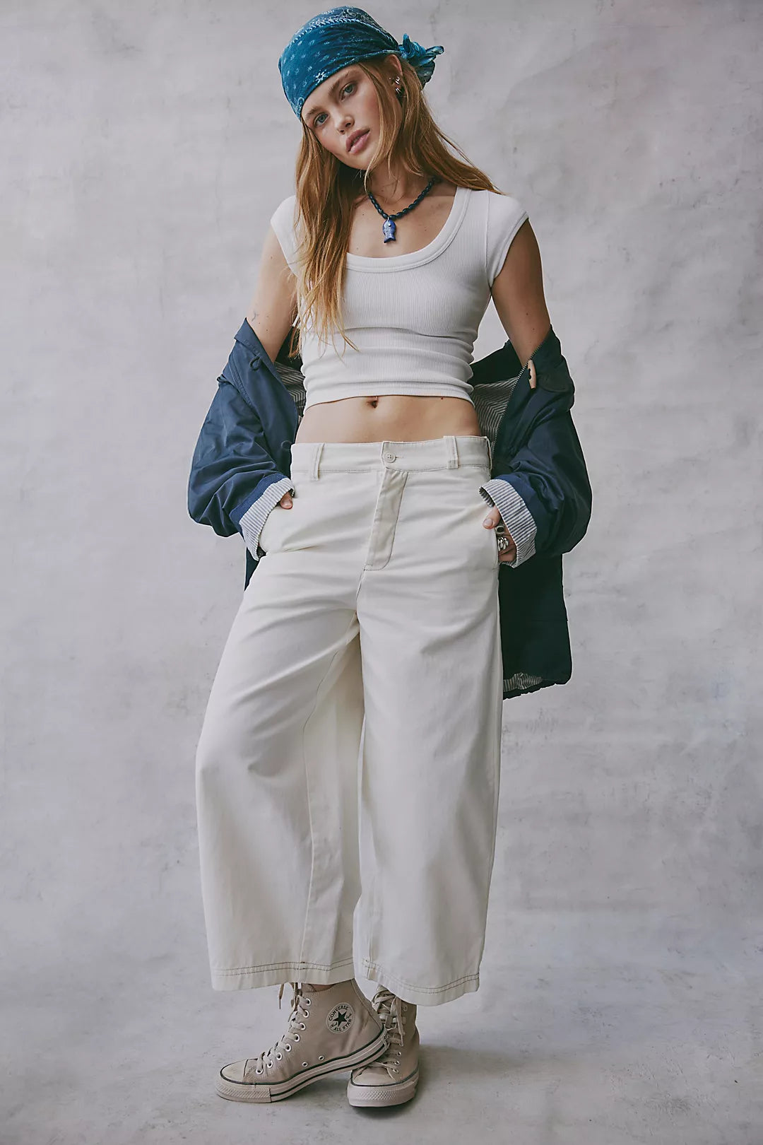 Laydown chino pants in clean ivory, front view with high waistband and wide cropped legs