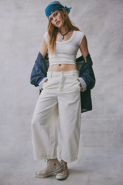 Laydown chino pants in clean ivory, front view with high waistband and wide cropped legs