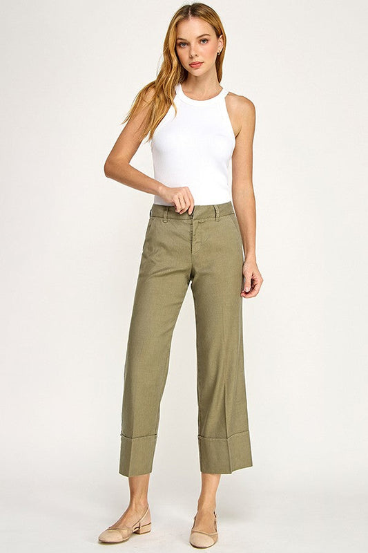 Lauren cuffed trousers in willow green, wide-leg cropped with cuffed hem and pockets