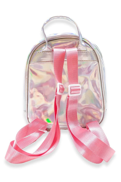 Clear unicorn-style backpack with iridescent pink finish, silver handles, and pink straps