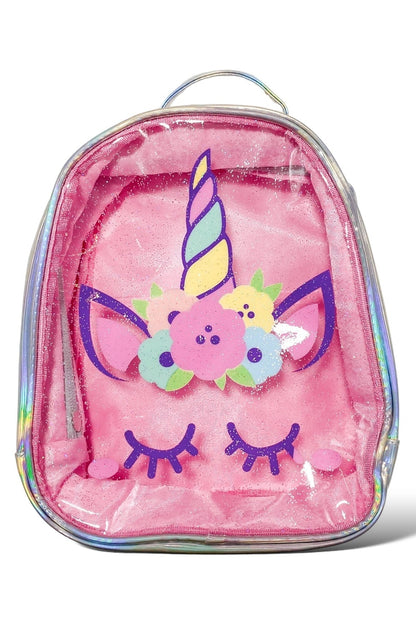 Clear pink unicorn backpack with unicorn graphic, rainbow horn, and colorful cloud accents